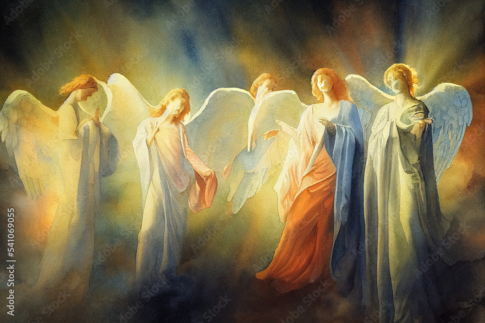 Angels in colourful robes with wings in heavenly light. Religious and