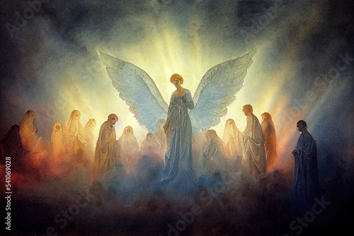 Foto Digital watercolour painting of archangel Michael surrounded by praying souls in heaven