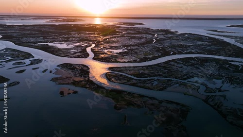 Panoramic view of the Ria de Aveiro on the Atlantic coast of Portugal. Aerial view from a drone. Portugal. Europe