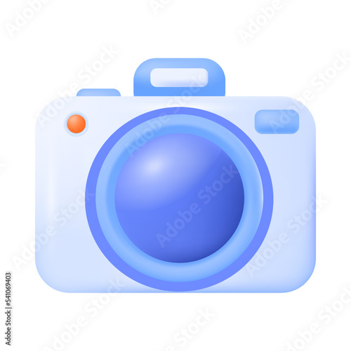 Blue three-dimensional camera icon. Device for taking photos or pictures 3D vector illustration on white background. Photography, social media, memory, technology concept