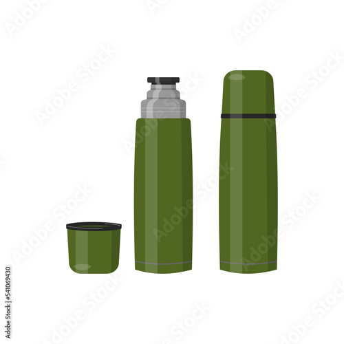 Thermos bottle vector illustration. Thermos flask open and closed.