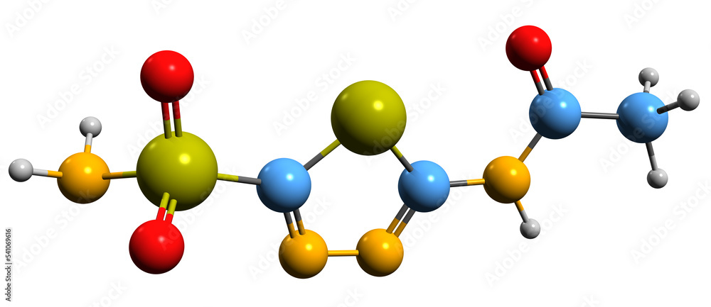 3D image of Acetazolamide skeletal formula - molecular chemical structure of epilepsy medication isolated on white background