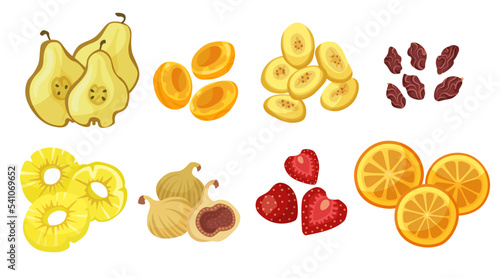 Various dried fruits cartoon illustration set. Dried fig, apricot, pear, pineapple, apple, orange, strawberry, raisin and prune isolated on white background. Tropical fruit, food concept