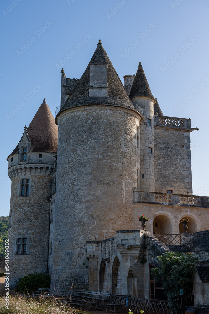 Chateau des Milandes, former home of Josephine Baker, magnificent castle in Dordogne France, clear blue sky