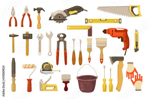 Construction instruments cartoon illustration set. Trowel, hummer, screwdriver, ruler, wood plane, electric drill, paint roller, wrench, putty knife for bricklayers. Building tools or service concept