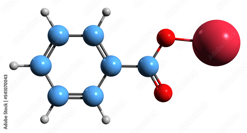 3D image of Sodium benzoate skeletal formula - molecular chemical structure of food preservative isolated on white background 3D image of Sodium benzoate skeletal formula - molecular chemical structure of food preservative isolated on white background