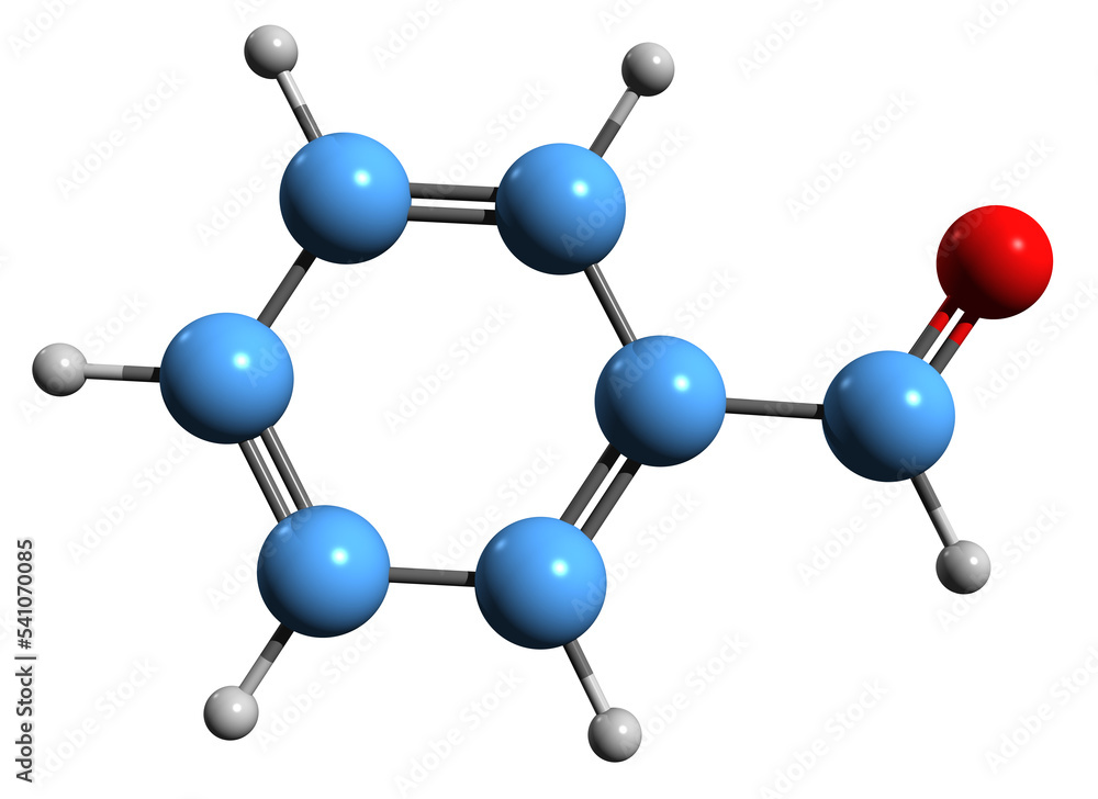 3D image of Benzaldehyde skeletal formula - molecular chemical structure of aromatic aldehyde isolated on white background 3D image of Benzaldehyde skeletal formula - molecular chemical structure of aromatic aldehyde isolated on white background