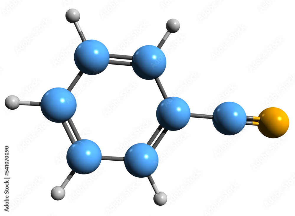 3D image of Benzonitrile skeletal formula - molecular chemical structure of cyanobenzene isolated on white background 3D image of Benzonitrile skeletal formula - molecular chemical structure of cyanobenzene isolated on white background