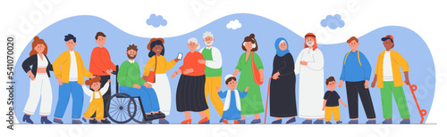 Multicultural group of people flat vector illustration. Various social groups standing together, old and young men and women, multinational or multiracial community or crowd. Society concept