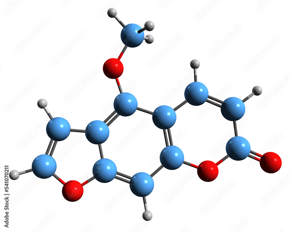 3D image of Bergapten skeletal formula - molecular chemical structure of 5-methoxypsoralen isolated on white background 3D image of Bergapten skeletal formula - molecular chemical structure of 5-methoxypsoralen isolated on white background