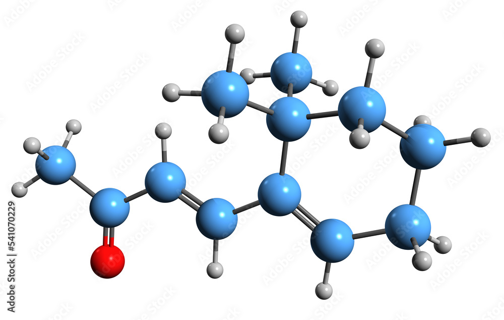 3D image of beta-ionone skeletal formula - molecular chemical structure of essential oil aroma compound isolated on white background 3D image of beta-ionone skeletal formula - molecular chemical structure of essential oil aroma compound isolated on white background
