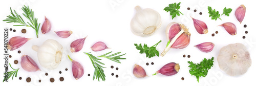 garlic with rosemary and peppercorn isolated on white background with copy space for your text. Top view. Flat lay photo