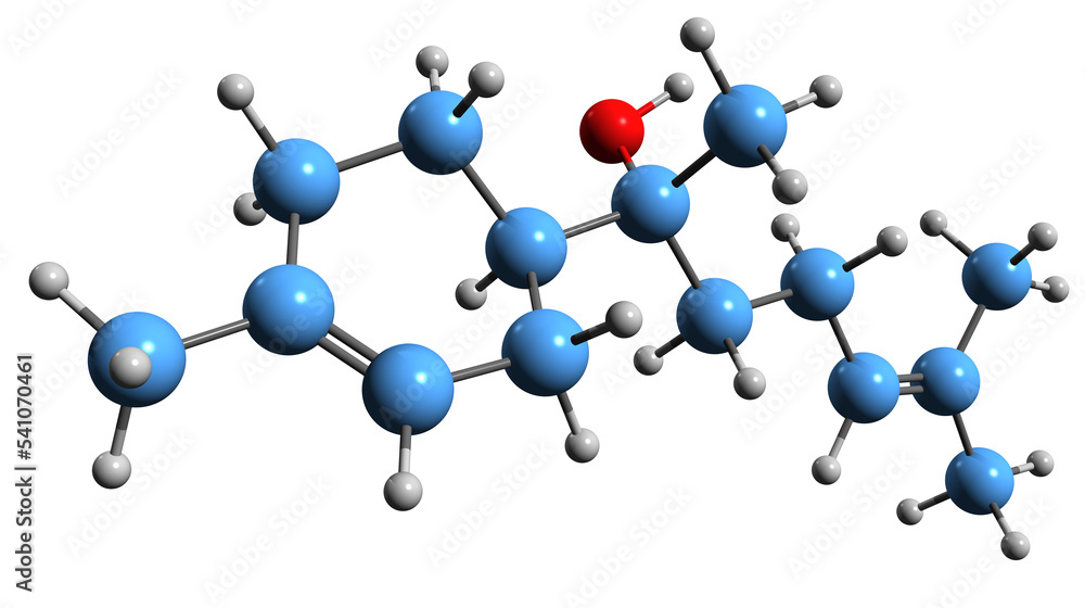 3D image of Bisabolol skeletal formula - molecular chemical structure of natural monocyclic sesquiterpene alcohol levomenol isolated on white background 3D image of Bisabolol skeletal formula - molecular chemical structure of natural monocyclic sesquiterpene alcohol levomenol isolated on white background