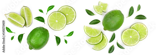 sliced lime isolated on white background. Top view. Flat lay pattern