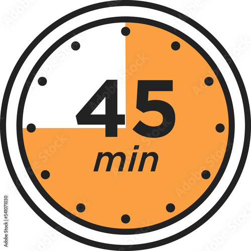 45 minutes timer. 45 min. Stopwatch symbol in flat style. Illustration