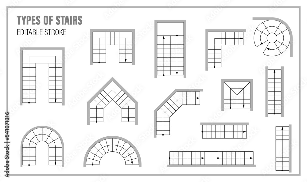 Set of stairs for floor plan top view. Kit of icons for interior project. Architectural elements for scheme of apartments. Construction symbol, graphic design element, blueprint. Vector