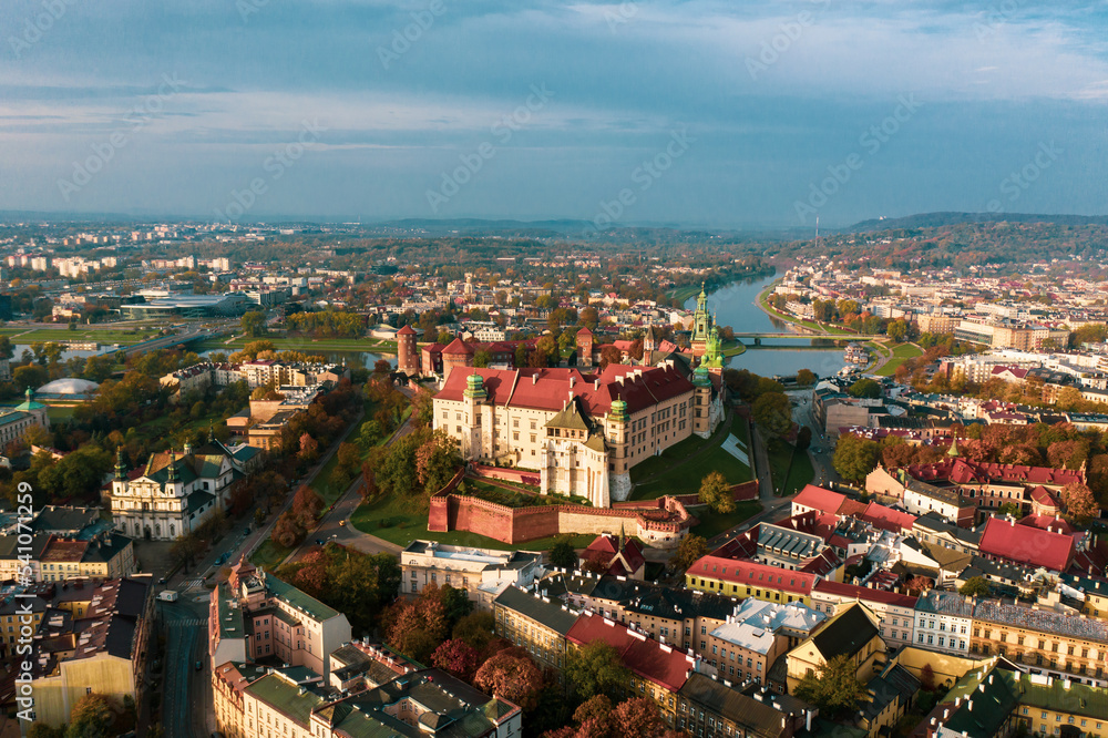 Poland. Aerial Krakow skyline with Wawel Hill, Cathedral, Royal Wawel Castle. Wawel Castle is the main historical attraction in Poland. A tourist route. Historic royal Wawel castle in Cracow. 