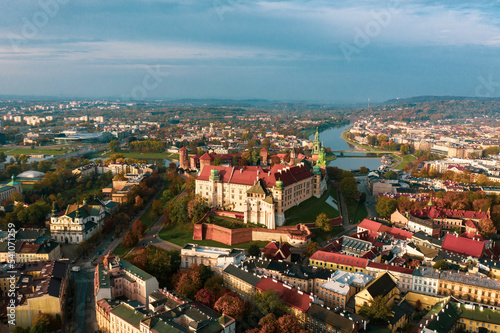 Fototapeta Naklejka Na Ścianę i Meble -  Poland. Aerial Krakow skyline with Wawel Hill, Cathedral, Royal Wawel Castle. Wawel Castle is the main historical attraction in Poland. A tourist route. Historic royal Wawel castle in Cracow. 