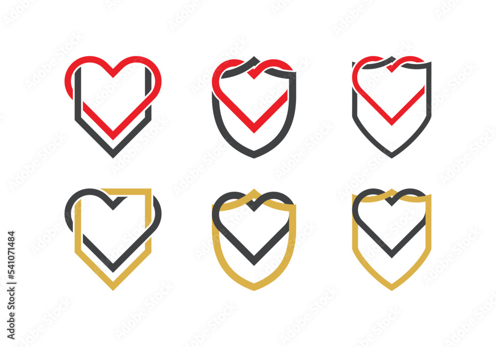 Heart Shield Logo Concept symbol sign icon Element Design Line Art Style. Love, Medical, health Care, Valentine's day Logotype. Vector illustration template Heart Shield Logo Concept symbol sign icon Element Design Line Art Style. Love, Medical, health Care, Valentine's day Logotype. Vector illustration template