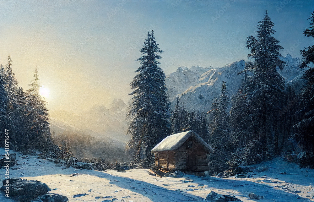 Fototapeta premium Beautiful winter landscape in oil painting style