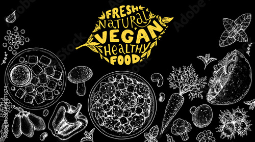 Vegan food frame. Hand drawn vector illustration. Menu design template. Vegan food sketch. Vintage design template. Product design. Great for packaging, recipe book, menu. Vegetarian food sketch.