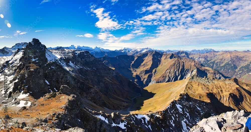 Panorama Picture. View of the glarus alps. Piz Segnas and Piz Sardona. Snow cover from the first snow, hiking in the autumn time. High quality photo