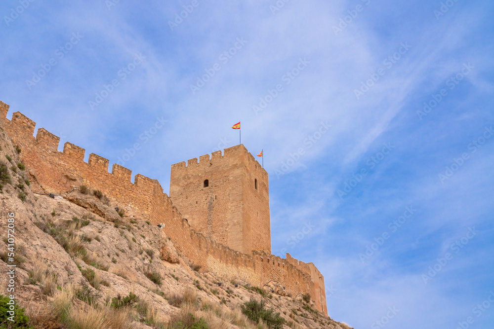 Medieval castle on top of a mountain against the blue sky. Sax, Spain