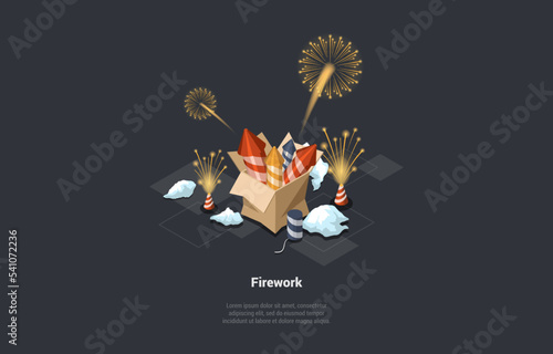 Celebration Of 4th July USA Or Christmas. Festival Firecracker, Holiday Party Rocket Petard In Cardboard Box. Firework Celebration Explosion, Explosive Firecracker. Isometric 3d Vector Illustration