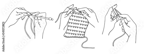 Linear sketch of female hands in the process of knitting, picking up loops on knitting needles. Vector graphics.