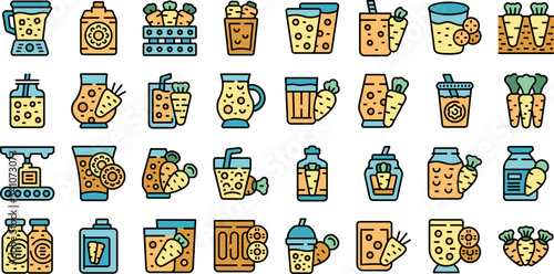 Carrot juice icons set outline vector. Autumn beverages. Blend detox color flat isolated