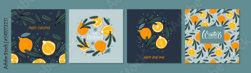 Trendy square Winter holidays cards. Orange fruits and Christmas tree branches Vector illustrations. Winter Holidays art templates. Floral design card, invitation, congratulation, social media post