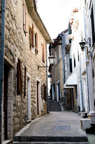 Narrow street in Herceg Novi  Montenegro  stock photo