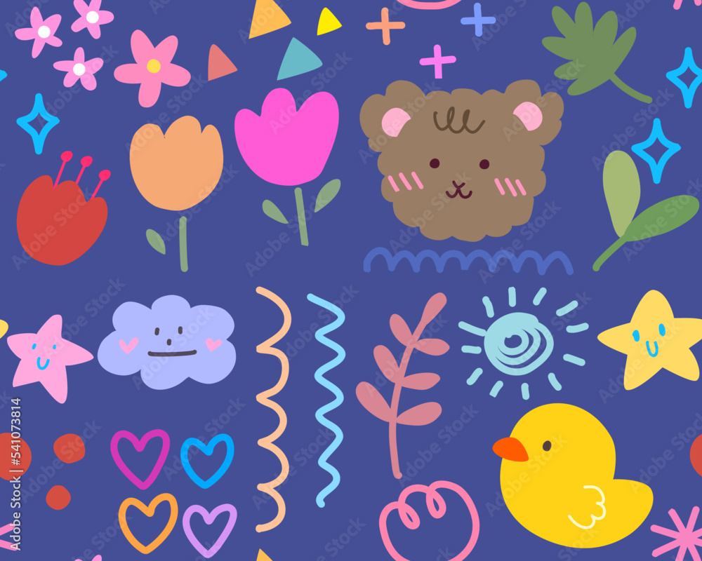 Vector seamless pattern Cute kawaii color full  Doodle art for background