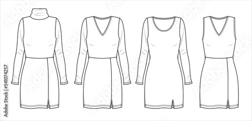 Vector mini dress set technical drawing  short summer dress with side slit fashion CAD  women long sleeve dress with V-neck sketch  template. Jersey or woven fabric dress with front  back view  white