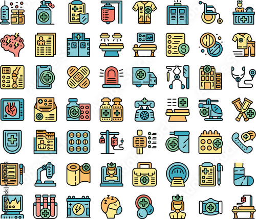 Emergency room icons set outline vector. Medical surgery. Scan health color flat isolated
