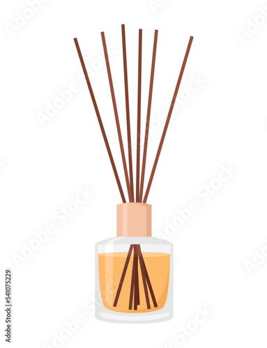 Aroma diffuser with sticks in glass bottle on a white background. Flat vector illustration