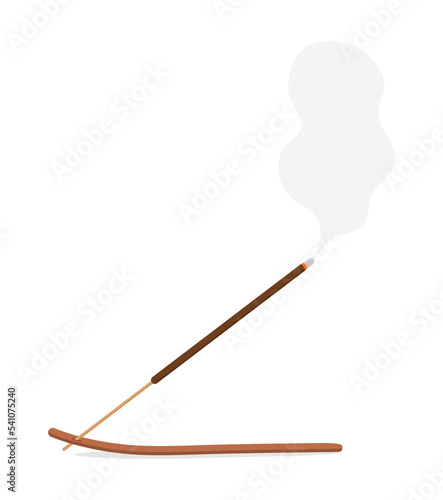 Incense stick on a wooden stand burning with smoke on a white background. Aromatherapy procedure. Vector illustration in flat style