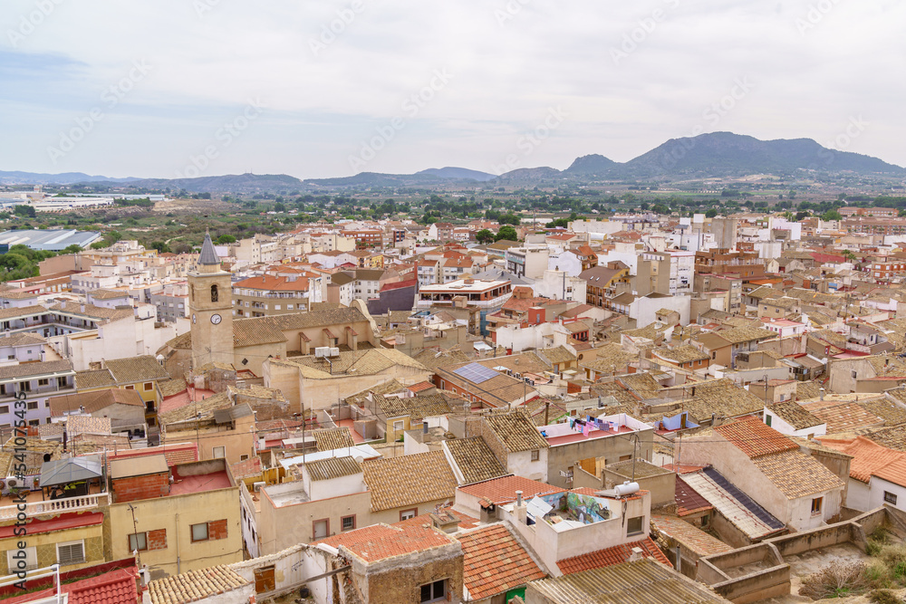 Sax, Spain. October 25, 2022. Elevated view of a town in the Valencian Community