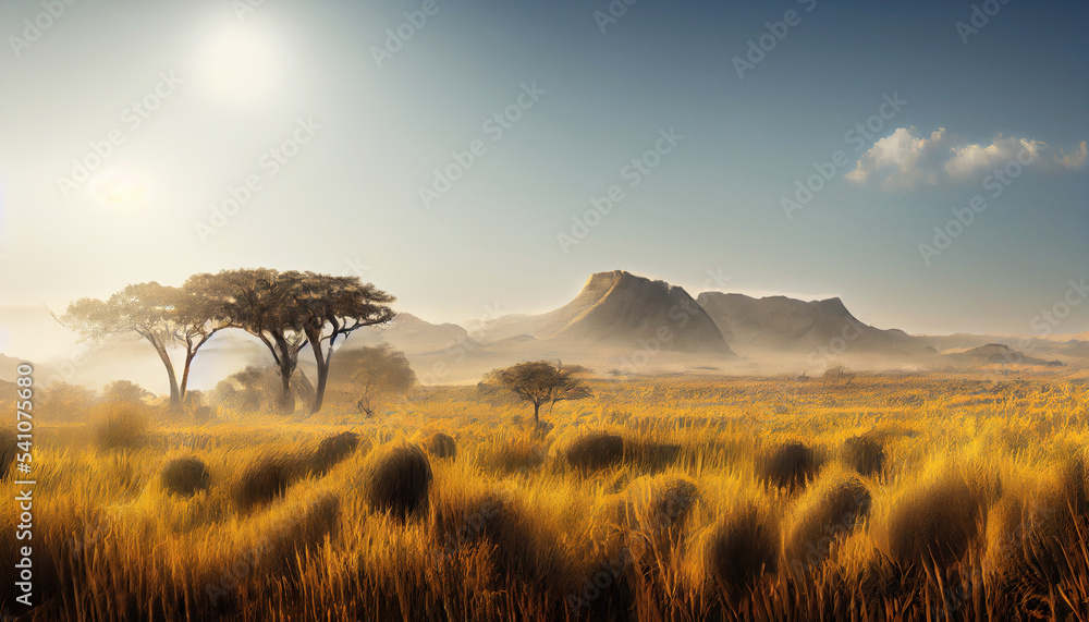 African savanna with mountain in national wild park - obrazy, fototapety, plakaty 
