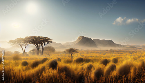 Fotografiet African savanna with mountain in national wild park
