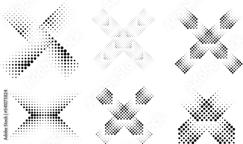 Halftone dots in Cross Form . Vector Illustration. Letter x Logo . Design element . Abstract Geometric shape . 