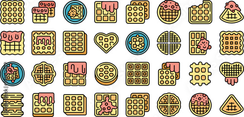 Belgian waffles icons set outline vector. Coffee cup. Belgium cream color flat isolated