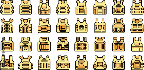 Bulletproof vest icons set outline vector. Armor body. Vest military color flat isolated