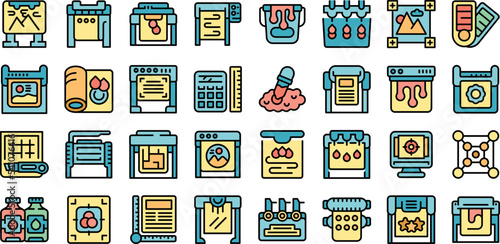 Plotter icons set outline vector. Printer machine. Copy offset thin line color flat on white