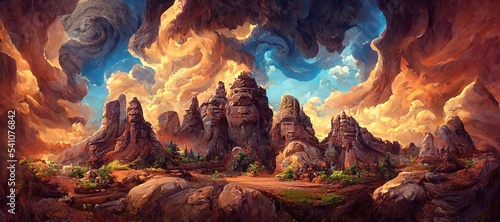 Awe inspiring sandstone butte pillar rock formations  ancient inscribed canyon valley monolithic arches and cliffs - wild flowers and majestic epic surreal turbulent storm clouds. 