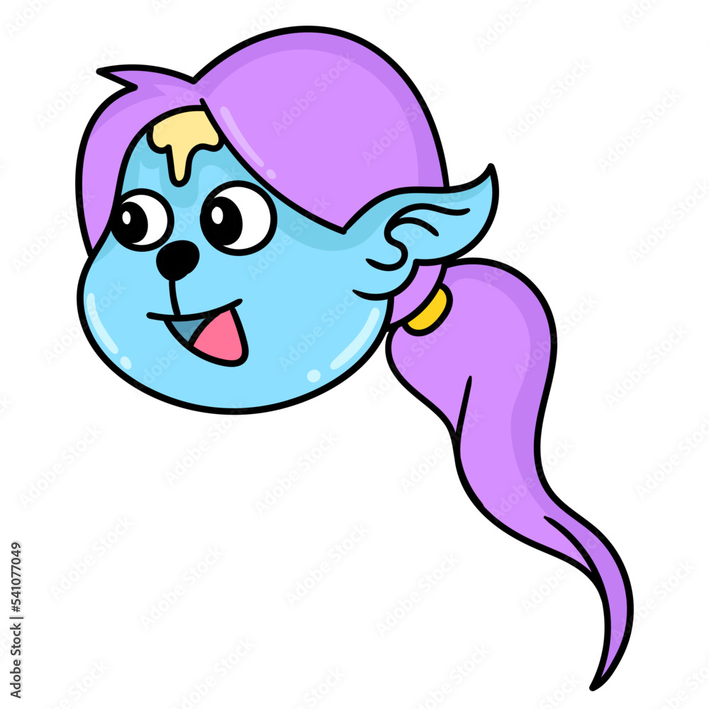 Cute blue cartoon character with purple hair on a white background ...