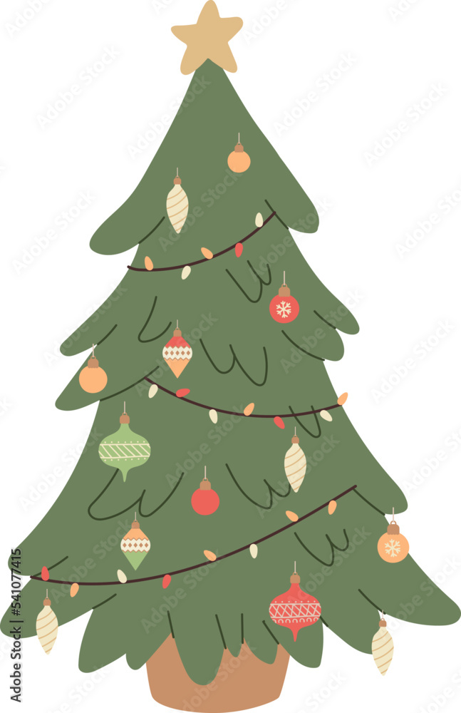 Christmas tree with decoration and lights isolated on white background. New year holidays. Flat vector illustration. Christmas tree with decoration and lights isolated on white background. New year holidays. Flat vector illustration.