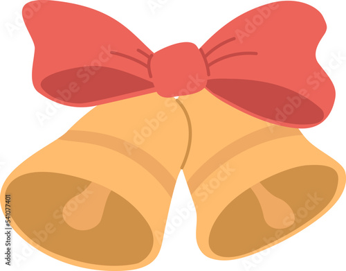 Cartoon golden Christmas bells with red bow. Flat vector illustration.