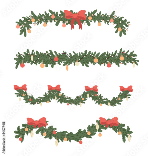 Set of cartoon Christmas fir garlands, border, red bow and light. Xmas decor, fir tree branches. Flat vector illustration. Holidays, New Year decoration