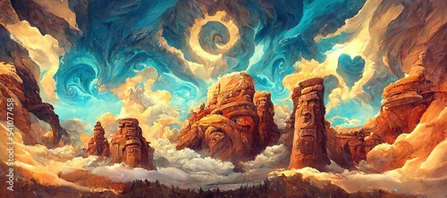 Awe inspiring sandstone butte pillar rock formations, ancient inscribed canyon valley monolithic arches and cliffs - wild flowers and majestic epic surreal turbulent storm clouds. 